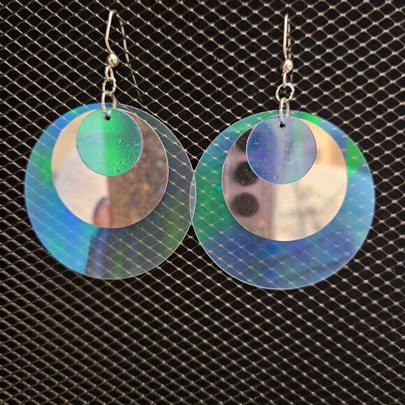 Blue-green, silver, and iridescent clear sequin earrings - Picture 1 of 4